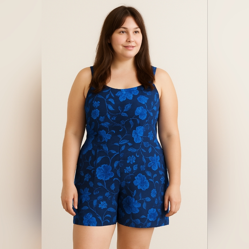 Kathy Lee Vintage Blue Floral Sleeveless Romper Womens Size 14 Extra Large